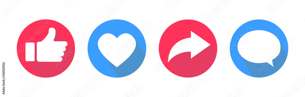 Vector icons set. Like, comment, share icons. Social network signs. Different color objects. Vector icons set. Like, comment, share icons. Social network signs. Different color objects.