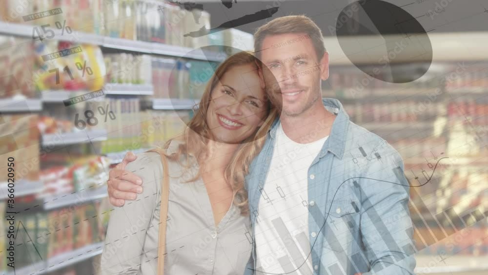 Financial data processing against couple smiling in grocery store Financial data processing against couple smiling in grocery store