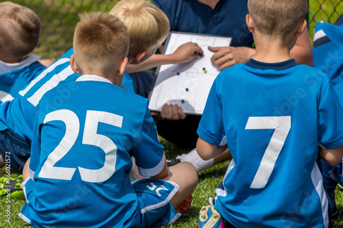 Group of Young Boys in Blue Shirts Sitting on Sports Grass Field witch School Coach. Kids Listening Coach's Tactic Talk. Young Coach Explain Football Tactic. Coaching Youth Players in Sports