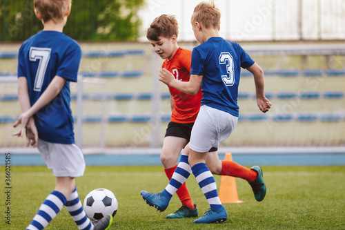 Youth Junior Athletes in Red and Blue Soccer Shirts. Sports Education. Kids Football Players Kicking Ball on Soccer Field. Sports Soccer Horizontal Background. Spectators on Stadium in the Background © matimix