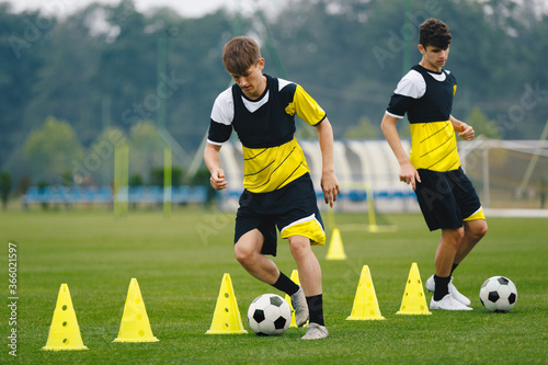 Boys on soccer football training. Young players dribble ball between training cones. Players on football practice session. Soccer summer training camp © matimix