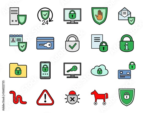 Personal data protection, icon set, color. Color images with a black outline. Vector.  