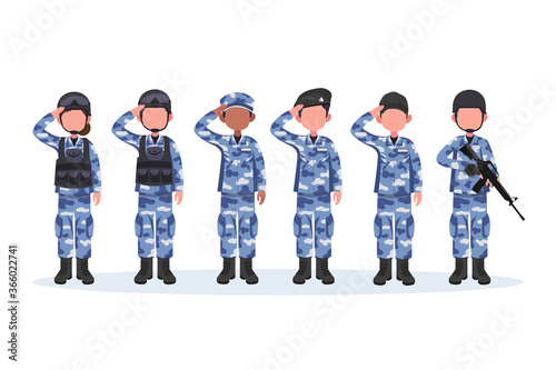 Group of army, men and woman, in camouflage combat uniform saluting. Cute flat cartoon style. Isolated vector illustration.