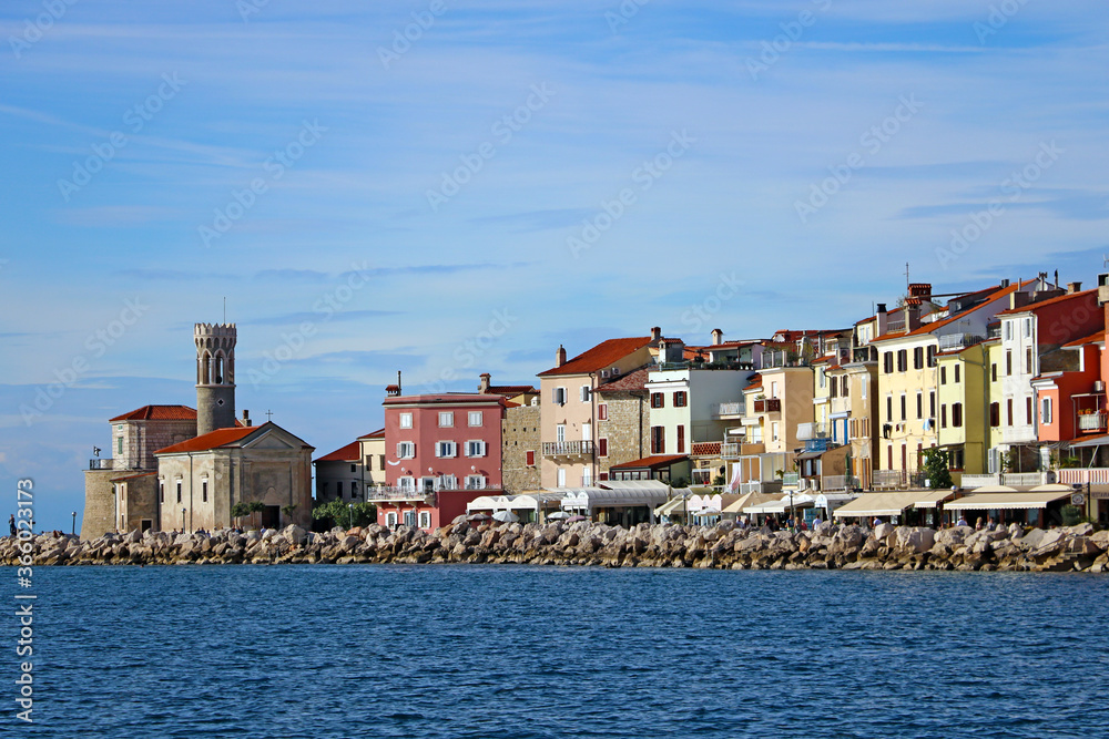 The coast of the Adriatic Sea and the city of Piran in Slovenia.