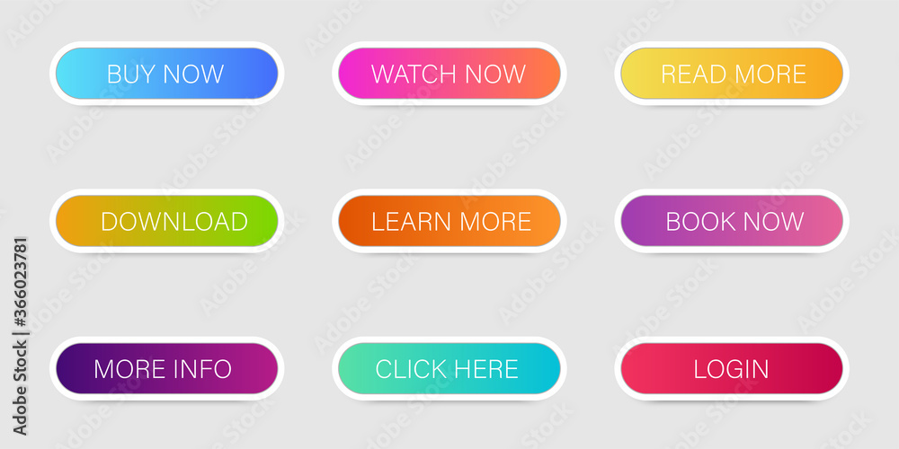 Set of different gradient buttons for internet page. Colorful buttons with offers. Set of objects for advertisement. Vector illustration Set of different gradient buttons for internet page. Colorful buttons with offers. Set of objects for advertisement. Vector illustration