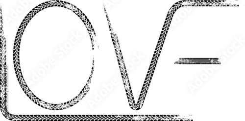 Happy Valentine's Day Love Card. Hand drawn design elements. Handwritten tire tracks lettering. Car tread silhouette.