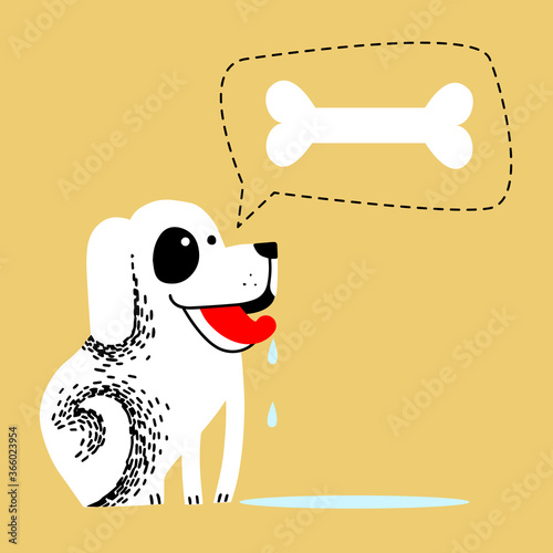 dog craves a food. pet dreams to eat bone. drooling from mouth of animal. hungry white dog with red tongue on yellow background and puddle of saliva.