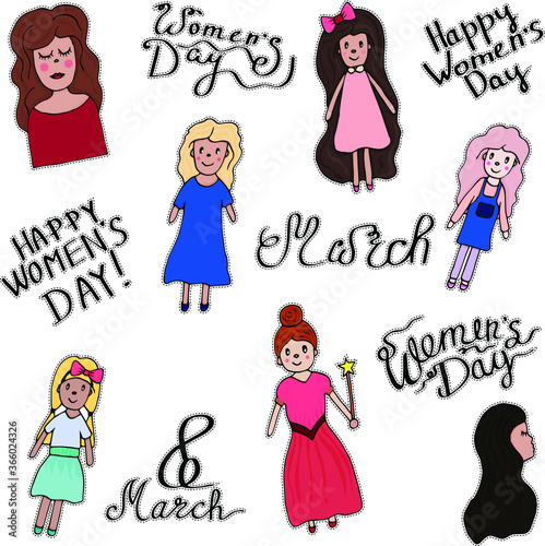 stickers girls with different hairstyles and different clothes and lettering