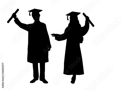 Silhouettes of happy boy and girl graduates