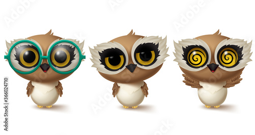 Fototapeta Naklejka Na Ścianę i Meble -  Owls animal characters vector set. Animals owl bird character in standing pose and gestures with cute facial expressions like dizzy, sleepy and friendly for wildlife design elements.