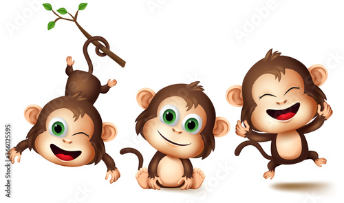 Fototapeta Naklejka Na Ścianę i Meble -  Monkeys animal characters vector set. Monkey kids animals little character in happy smiling facial expression with different pose and gestures for design elements. Vector illustration
