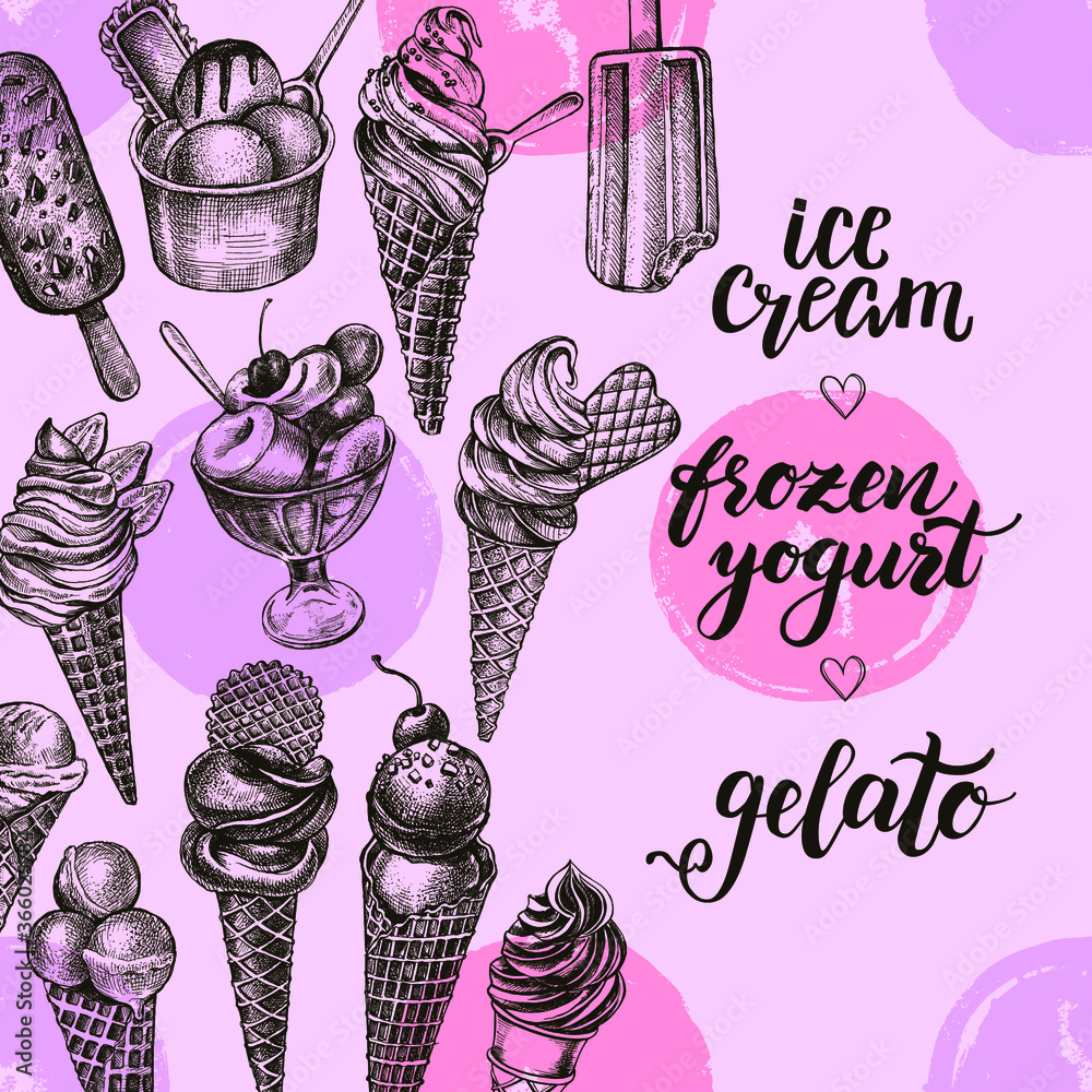 Ink hand drawn background with different types of ice cream, italian ...