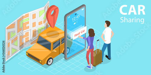 3D Isometric Flat Vector Concept of Car Sharing Service App, Shared Mobility, Vehicle Reting Model for Short Periods of Time.