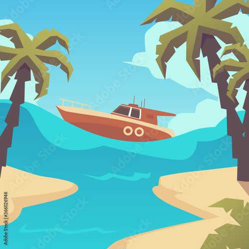 Brown motorboat in sea water near tropical island coast with palm trees