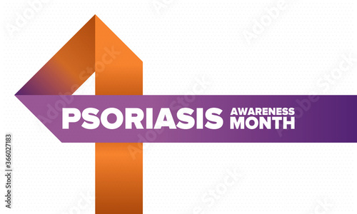 Psoriasis Awareness Month in August. Educate, inform, prevention in United States. Dermatology, skin body problems. Health care. Orchid and Orange ribbon. Poster, card, banner and background. Vector