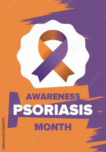 Psoriasis Awareness Month in August. Educate, inform, prevention in United States. Dermatology, skin body problems. Health care. Orchid and Orange ribbon. Poster, card, banner and background. Vector