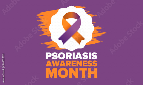 Psoriasis Awareness Month in August. Educate, inform, prevention in United States. Dermatology, skin body problems. Health care. Orchid and Orange ribbon. Poster, card, banner and background. Vector