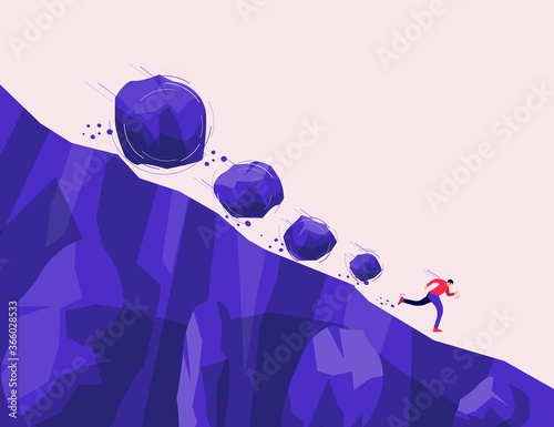 Boulder rocks stone crisis rolling fall down on a run away man from steep mountain hill slope. Covid, financial recession, climate change, biodiversity collapse. Vector concept danger, risk, problem.