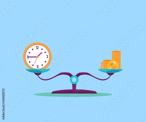 Time and money balance on weigher icon, flat vector illustration isolated.