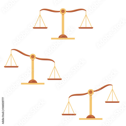 Balance vintage scales with bowls icons set, flat vector illustration isolated.