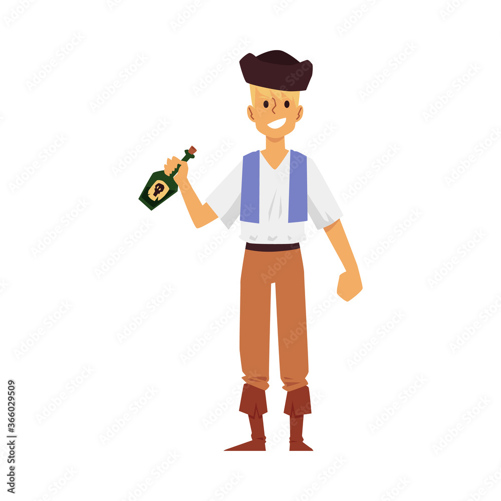 Cartoon pirate man with bottle of rum - young boy in hat and marine costume Cartoon pirate man with bottle of rum - young boy in hat and marine costume