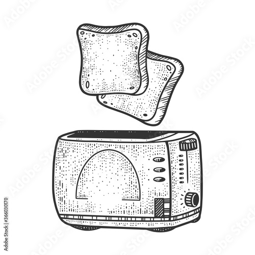 toasts fly up from the toaster sketch engraving vector illustration. T-shirt apparel print design. Scratch board imitation. Black and white hand drawn image.