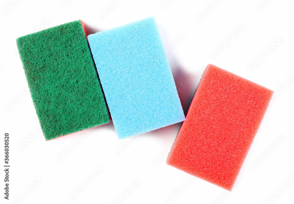 Colorful cleaning sponges isolated on white background, top view Colorful cleaning sponges isolated on white background, top view