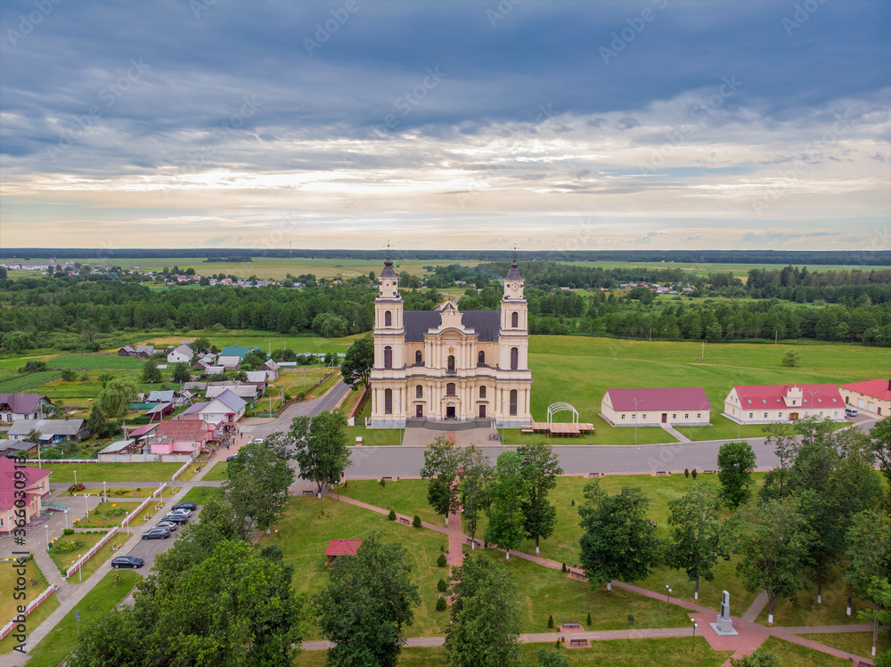The view of Catholic church in Budslav, Belarus. Drone aerial photo