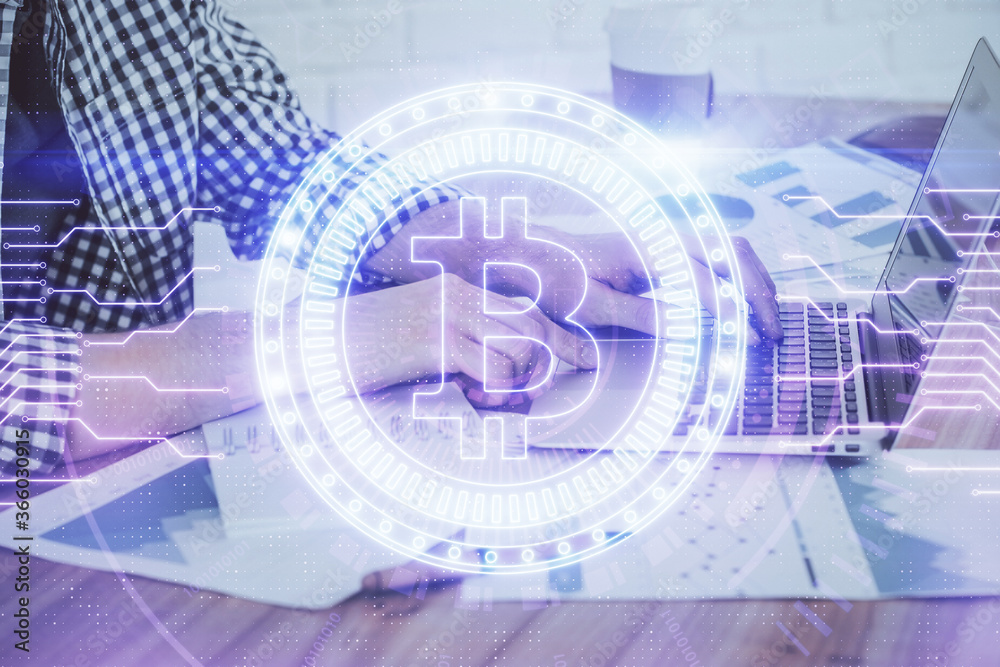 Blockchain theme hud with man working on computer on background. Concept of crypto chain. Double exposure. Blockchain theme hud with man working on computer on background. Concept of crypto chain. Double exposure.