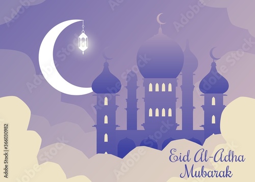 Eid Al-Adha Mubarak - Muslim religious holiday poster with mosque in clouds