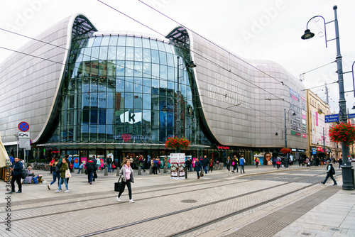 KATOWICE, POLAND - OCT 4, 2018: Overall view of Galeria Katowicka mall. Together with the new railway station nearby it forms one of the most modern shopping-travel complex in Poland.