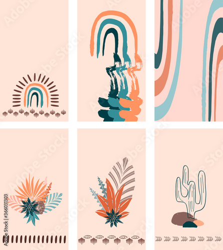 Boho Social Media Stories Layout. Vector set of linear template in ethnic style for womanly profile, social media, mobile app. Abstract modern boho story with rainbow, cactus, plant, flower, ornament
