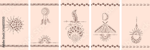 Boho Social Media Stories Layout. Vector set of linear template in ethnic style for womanly profile, social media, mobile app. Trendy boho stories with moon, sun, dreamcatcher, ornament, arrow