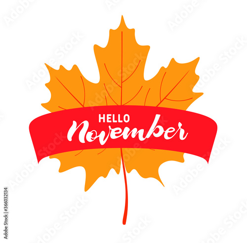 Hand drawn typography lettering phrase Hello November with autumn leaves.  Month November for calendar. Vector illustration as poster, postcard, greeting card, invitation template. 