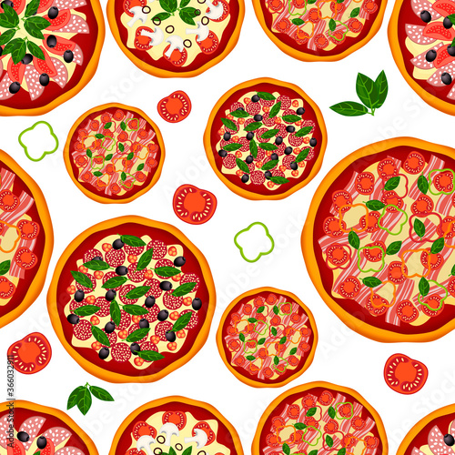 Seamless pattern of delicious hand-drawn pizzas. Pizzas and ingredients isolated on a white background.You can use it for packaging paper and for design elements.Vector illustration.