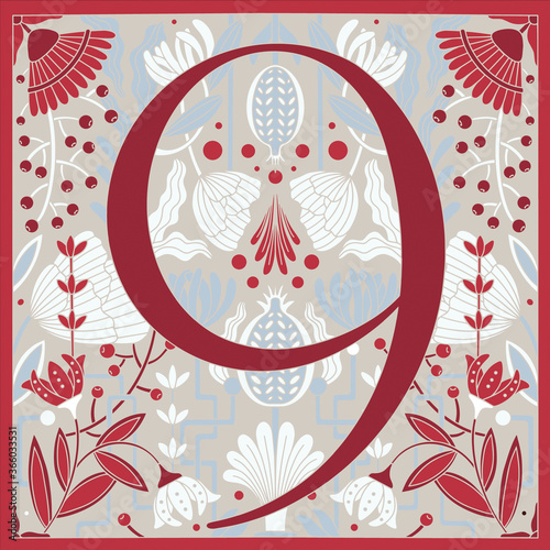 Vintage retro illustration in modern style of the number nine, flowers, branches and leaves. Art Nouveau and art Deco style. Symmetrical image with gray, red, blue and white colors