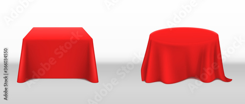 Red tablecloth on square and round tables. Vector realistic mockup of empty dining desk with blank linen cloth with drapes for banquet, restaurant, holiday event or dinner. Template with fabric cover