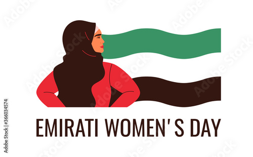 Arabian woman are standing with flag UAE. Emirati Women's day greeting card with young Muslim female wearing hijab. Vector illustration in flat style