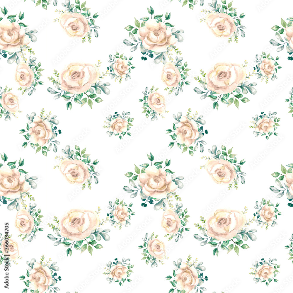 Watercolor illustration. Seamless pattern of bouquets of flowers with greenery.