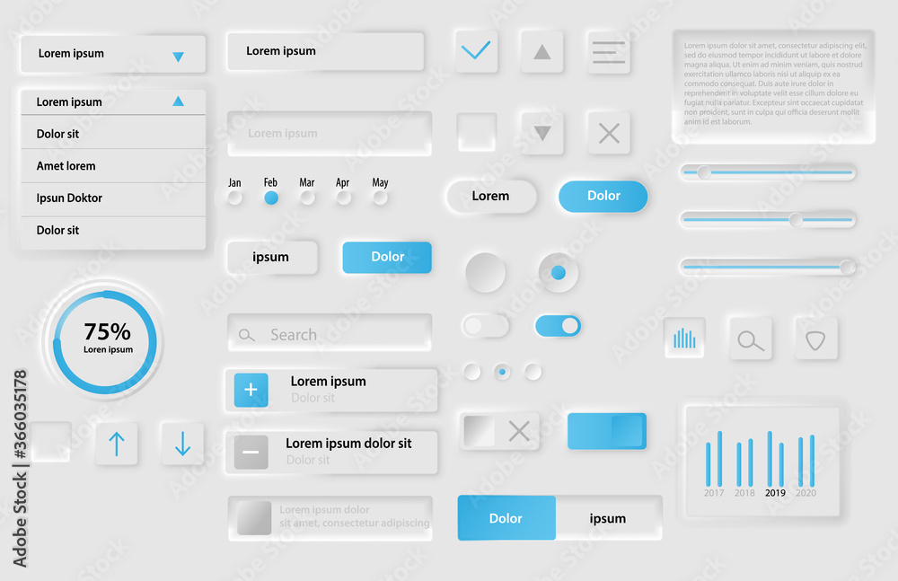 Neomorphic UI UX white design elements kit vector template for Mobile and Web apps Neomorphism style Neomorphic UI UX white design elements kit vector template for Mobile and Web apps Neomorphism style
