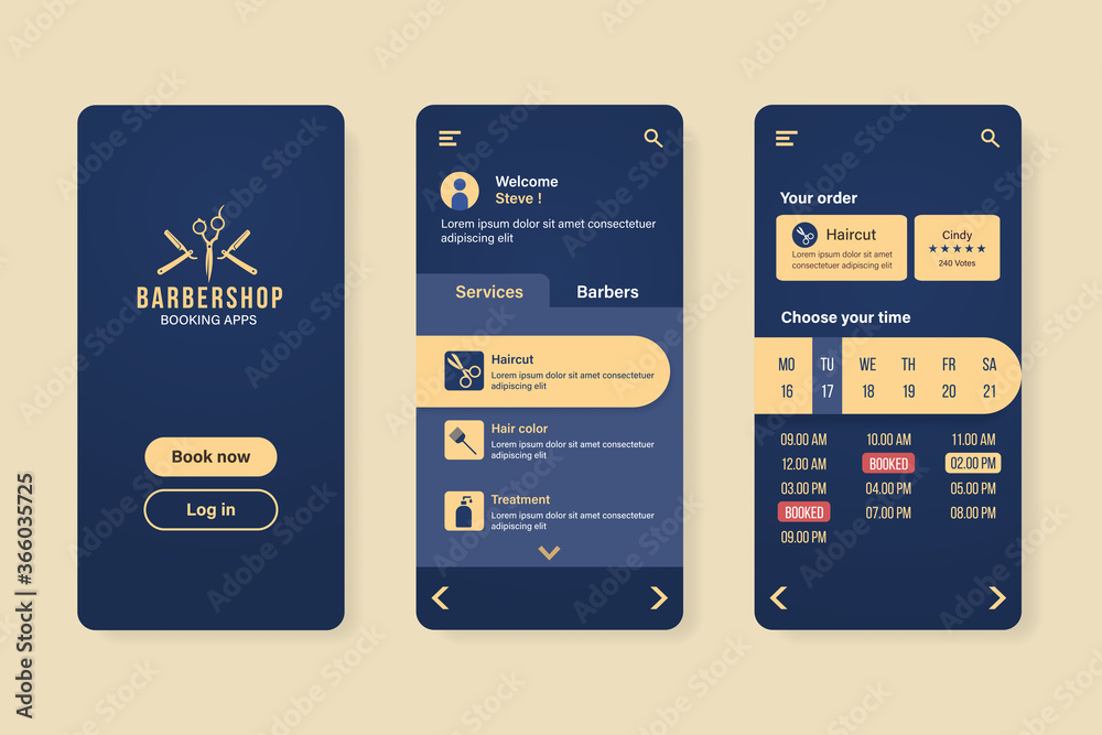 Barber shop booking application interface template for smartphone
