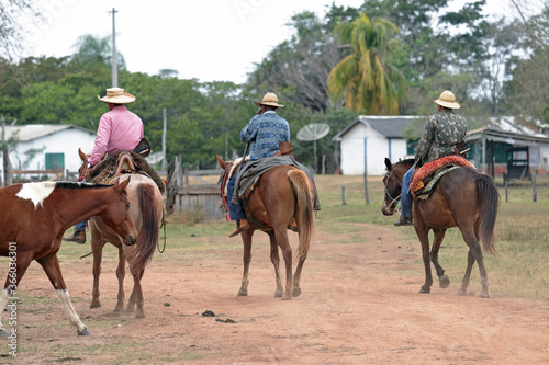 Cowboys riding out on horseback on a ranch in the Brazilian Pantanal
