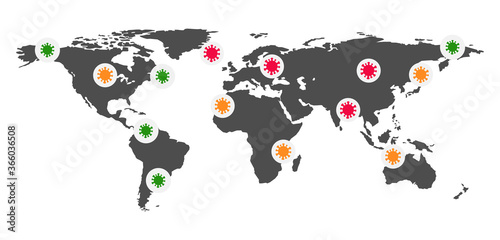 World map for coronavirus statistics. Quarantine illustration. Colorful signs on a world map.