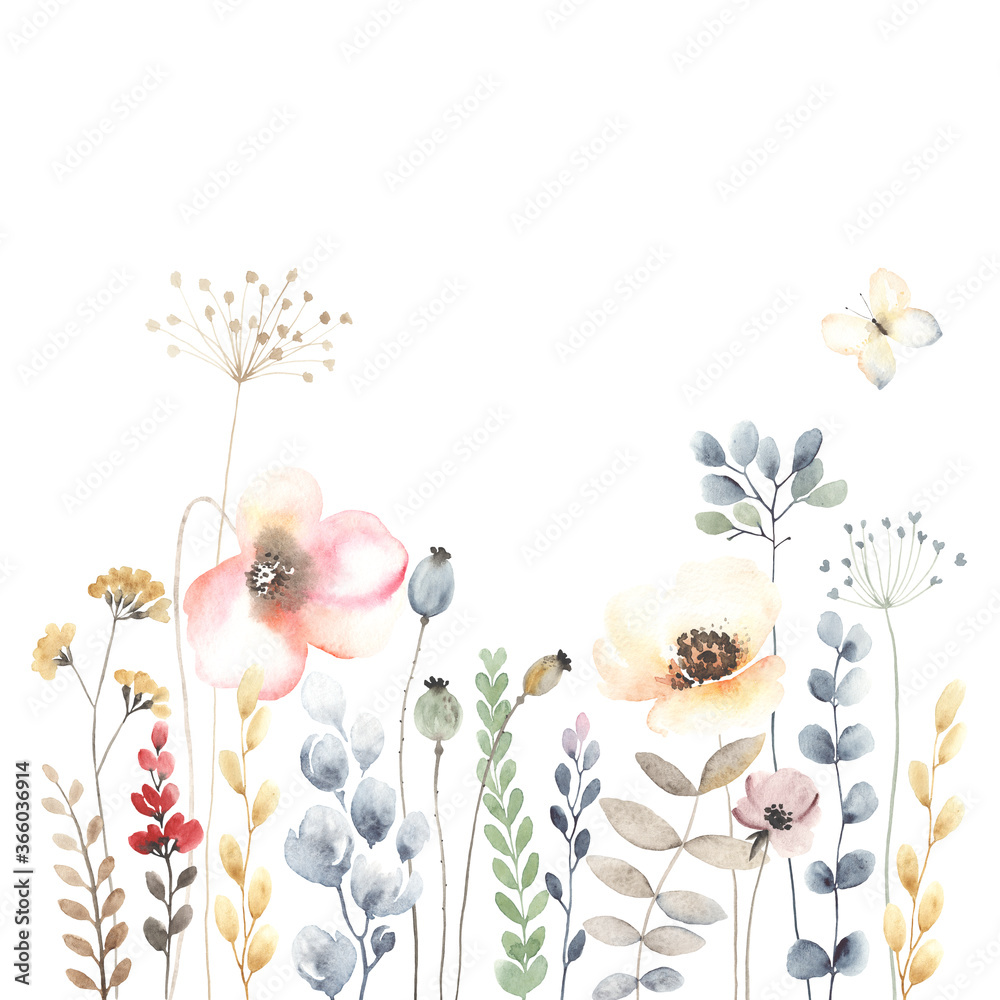 Φωτογραφία Watercolor floral banner with colorful wildflowers, leaves, plants and flying butterfly
