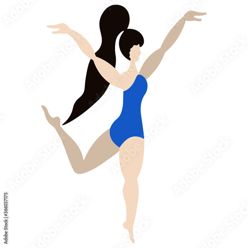 The slender lady is dancing. Vector stock illustration. Isolated white background. Flat style. Model with long legs. Body positive. Confident woman in blue swimsuit. Girl with a ponytail on her head. 