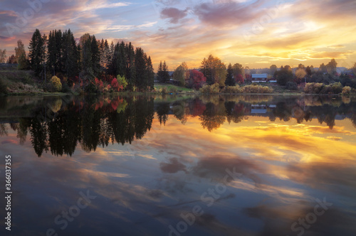 autumn rural landscape at susnset