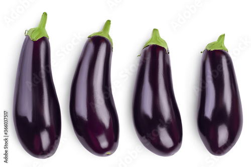 Eggplant or aubergine isolated on white background with clipping path and full depth of field. Top view. Flat lay. Set or collection