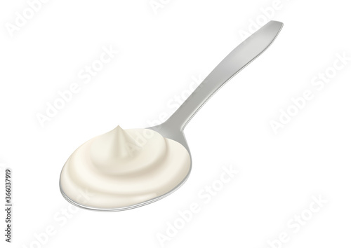 White cream in spoon, sour cream, mayonnaise or yogurt, milk sauce, dairy products.