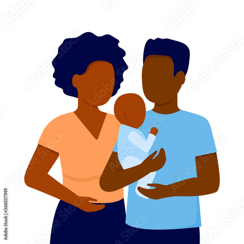 Abstract black young mother, father and baby little son. Family communication together. Vector