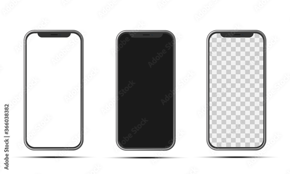 Smartphone mockup set. Three phones in realistic style. Mockups with shadows. Vector illustration Smartphone mockup set. Three phones in realistic style. Mockups with shadows. Vector illustration